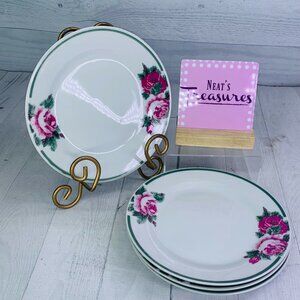 Gibson BOUQUET Pink Floral Border Green Leaves Stoneware Salad Plates Set of 4